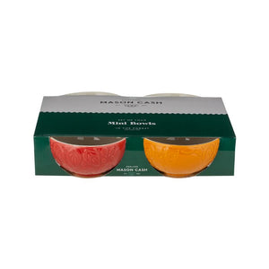 Set of four Mason Cash In The Forest Prep Bowls in retail packaging on a white background.