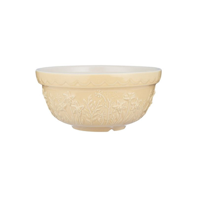 Mason Cash In the Meadow Daffodil Mixing Bowl in yellow, side view showing embossed floral pattern