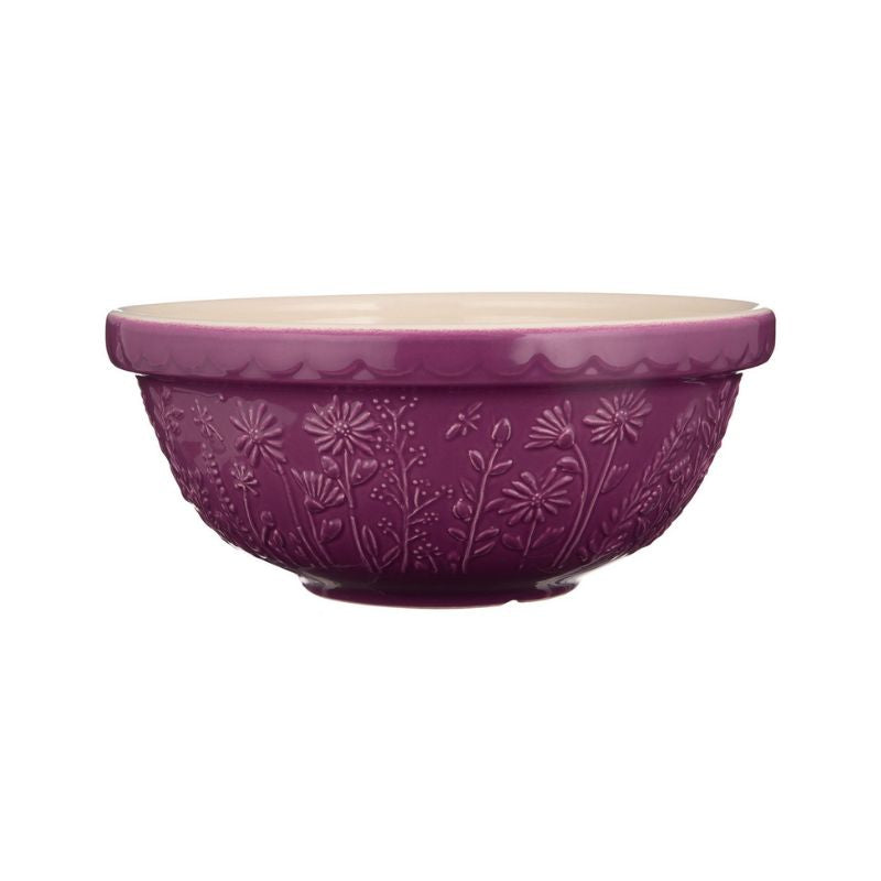 Mason Cash In the Meadow Daisy mixing bowl in purple, side view showing embossed floral design