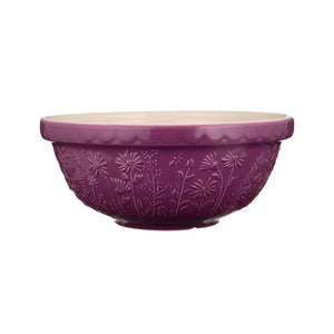 Mason Cash In the Meadow Daisy mixing bowl in purple, side view showing embossed floral design