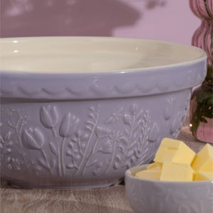 Close-up of the Mason Cash lilac mixing bowl showing embossed flower detailing