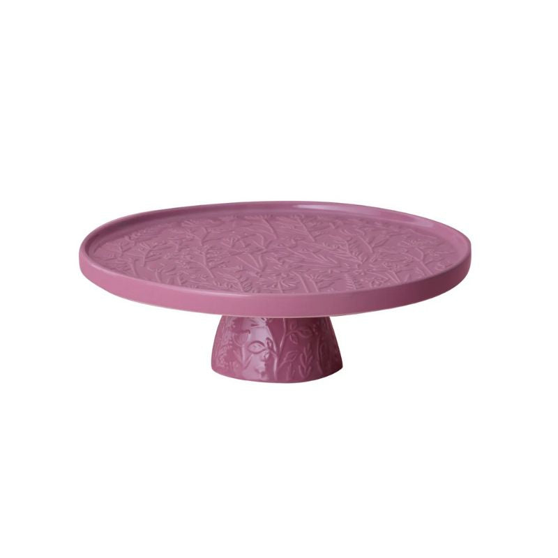 Mason Cash In the Meadow cake stand in Pink, showing embossed floral detailing on the top and base