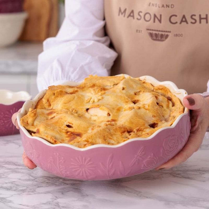 Mason Cash In The Meadow Pink Pie Dish on a white background.