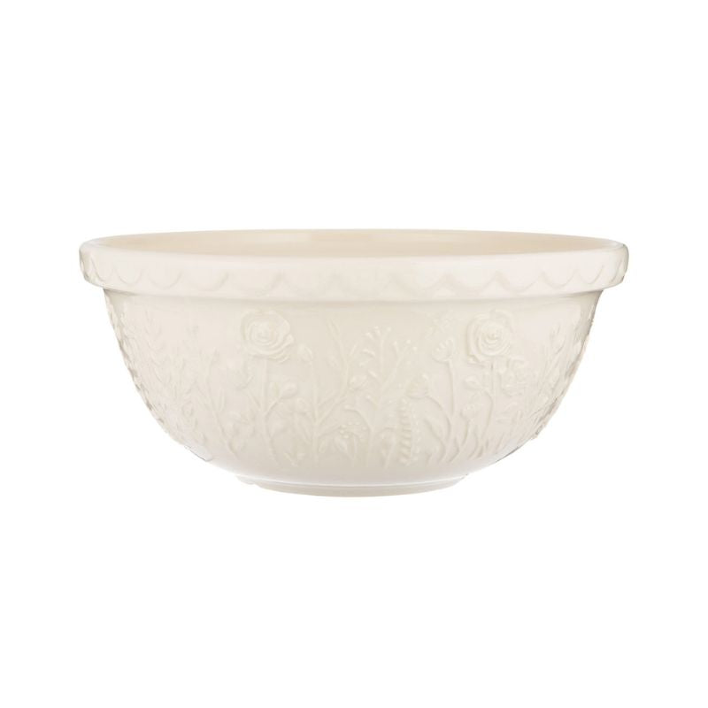 Mason Cash In the Meadow Rose mixing bowl in cream, side view showing embossed floral design