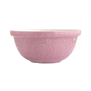 Mason Cash In the Meadow mixing bowl in rose pink, side view showing embossed floral design