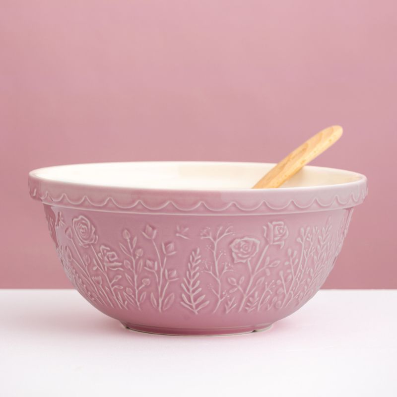 Mason Cash In the Meadow mixing bowl in rose pink, side view showing embossed floral design