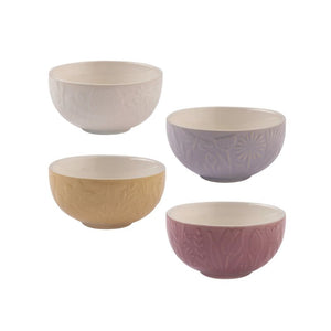 Set of four Mason Cash In the Meadow prep bowls in cream, lilac, yellow, and pink