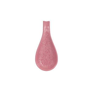 Pink Mason Cash In the Meadow Spoon Rest with embossed floral design, photographed against a white background.