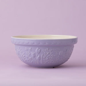 Mason Cash lilac mixing bowl against a purple background