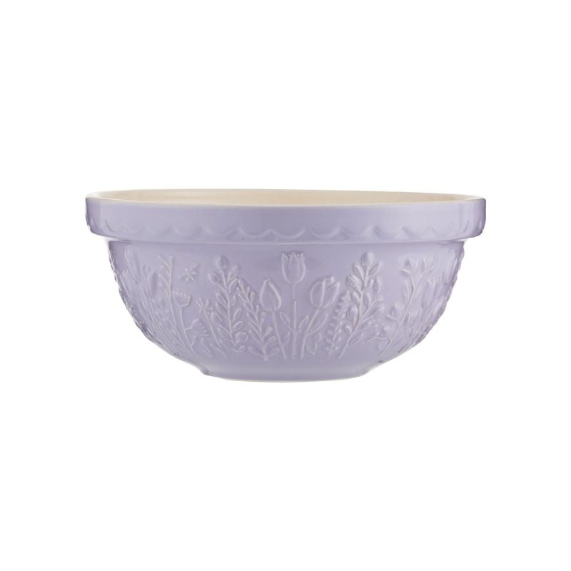 Mason Cash In the Meadow mixing bowl in lilac, side view showing embossed floral design