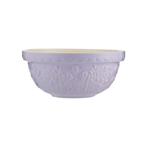 Mason Cash In the Meadow mixing bowl in lilac, side view showing embossed floral design