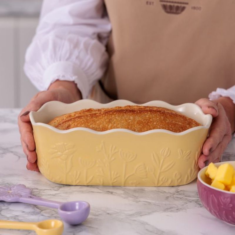 Mason Cash In The Meadow Yellow Loaf Pan shown against a white background.