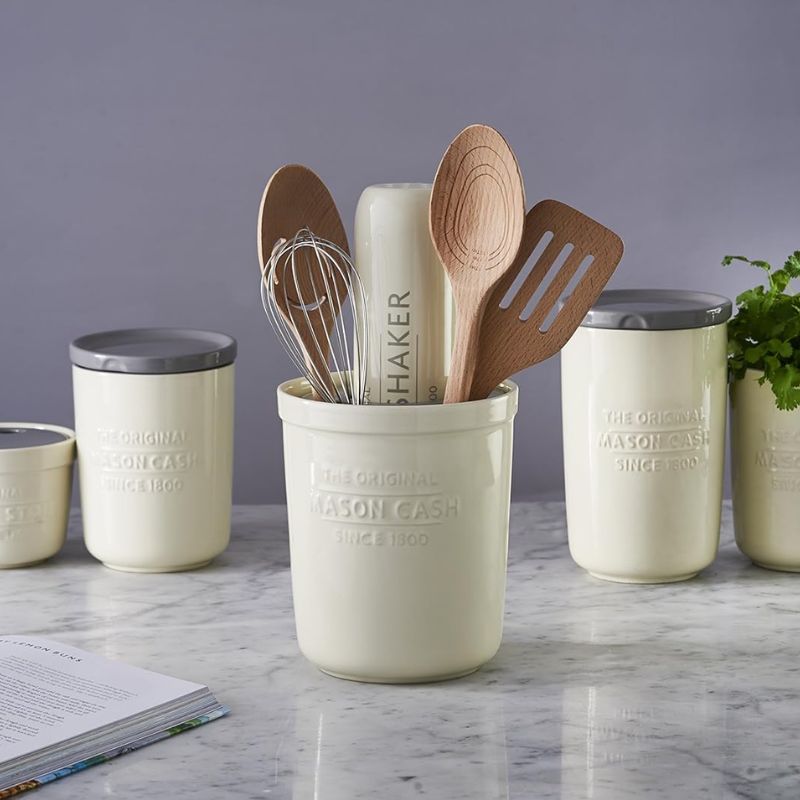 Mason Cash Innovative Kitchen 2-in-1 Utensil Pot holding wooden spoons and whisk