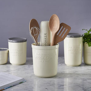 Mason Cash Innovative Kitchen 2-in-1 Utensil Pot holding wooden spoons and whisk
