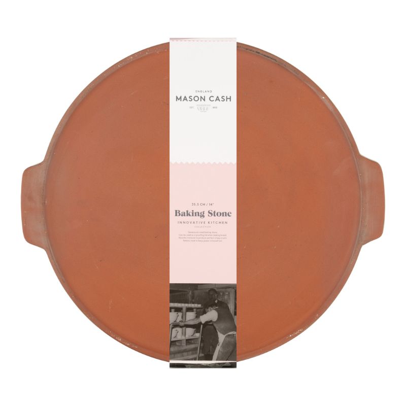 Front view of Mason Cash Innovative Kitchen terracotta baking stone with label