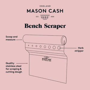 Features of the Mason Cash Innovative Kitchen Bench Scraper shown diagrammatically on a pink background