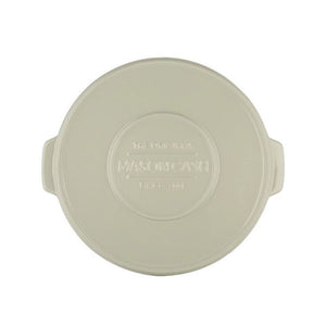 Top view of Mason Cash Innovative Kitchen baking stone with embossed branding on glazed surface