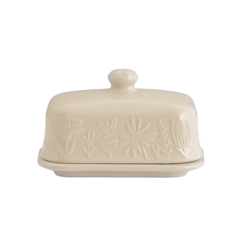 Mason Cash In The Meadow Cream Butter Dish with embossed floral design, lid on base.