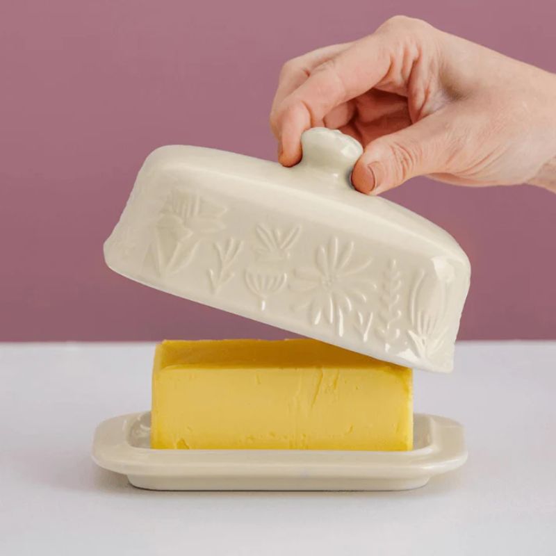 Mason Cash In The Meadow Cream Butter Dish with embossed floral design, lid on base.