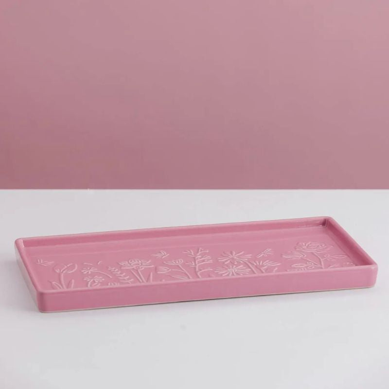 Mason Cash In The Meadow Pink Rectangle Platter, side angle view showing embossed floral detail