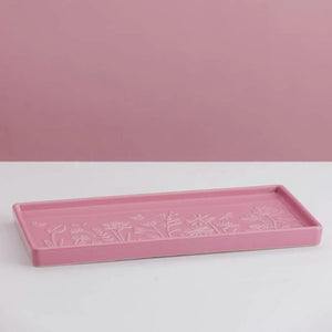 Mason Cash In The Meadow Pink Rectangle Platter, side angle view showing embossed floral detail