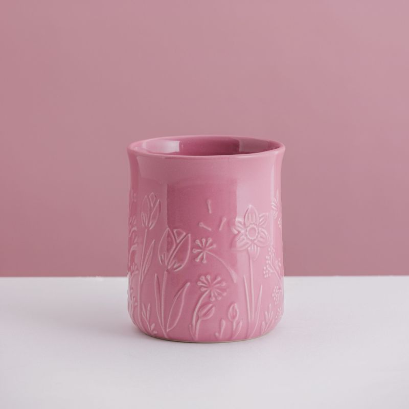 Mason Cash In The Meadow pink utensil pot on kitchen counter with bowls and utensils