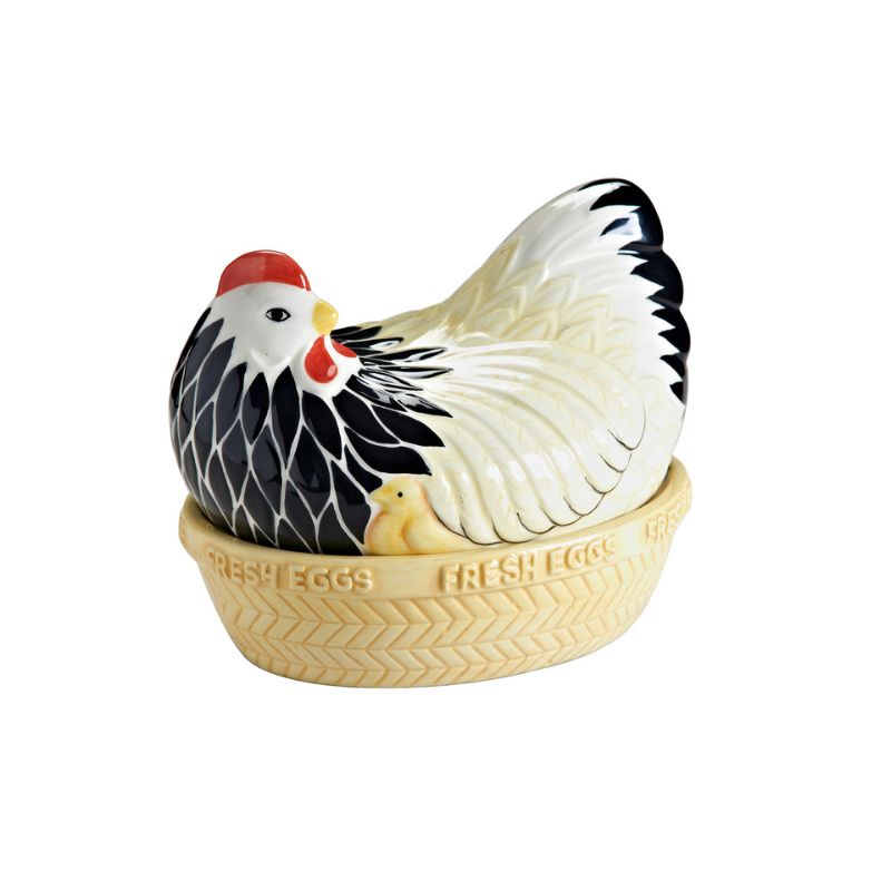 Mason Cash Mother Hen Nest featuring a ceramic chicken sitting on a basket-style base - used for storing eggs.