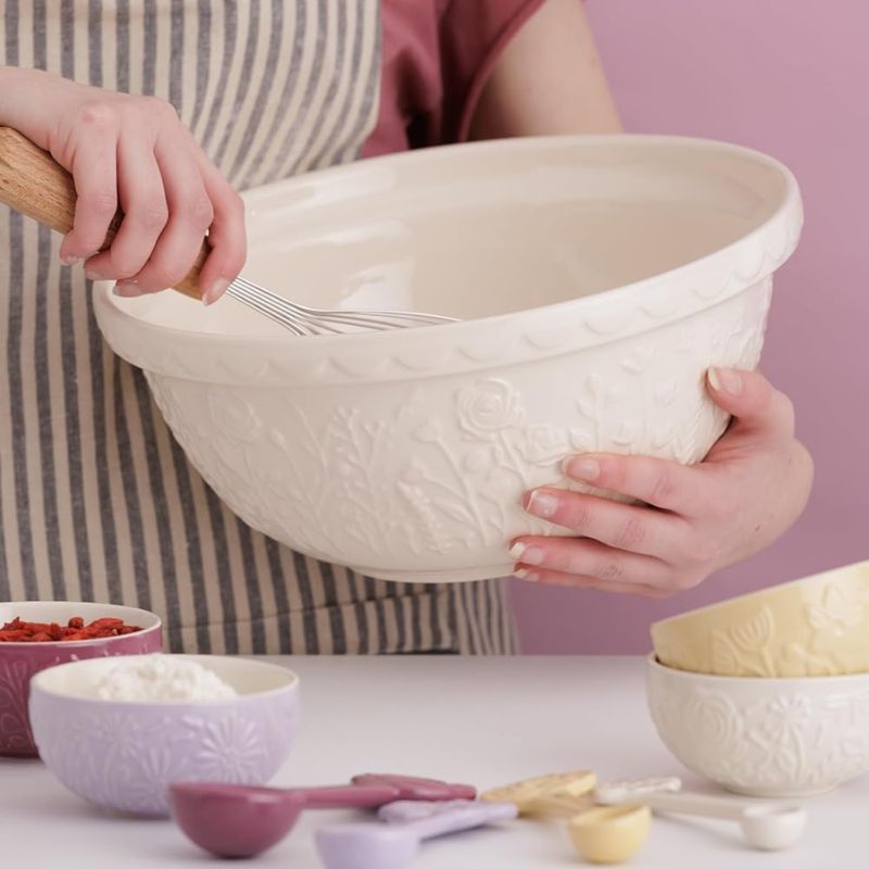 Mason Cash In the Meadow Rose mixing bowl in cream, side view showing embossed floral design