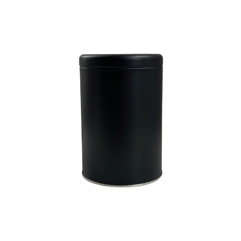 Matte black canister with a plug lid shown on a white background.