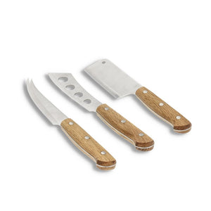 Set of three Morso cheese knives with stainless steel blades and oak handles, displayed on a white background.