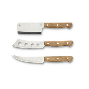 Set of three Morso cheese knives laid flat on a white background showing blade styles.