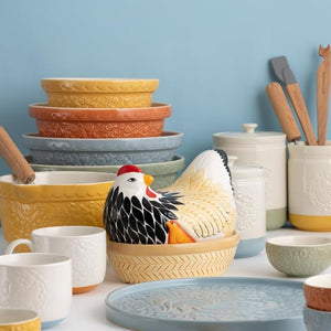 Mason Cash Mother Hen Nest displayed among matching Mason Cash bowls and kitchenware