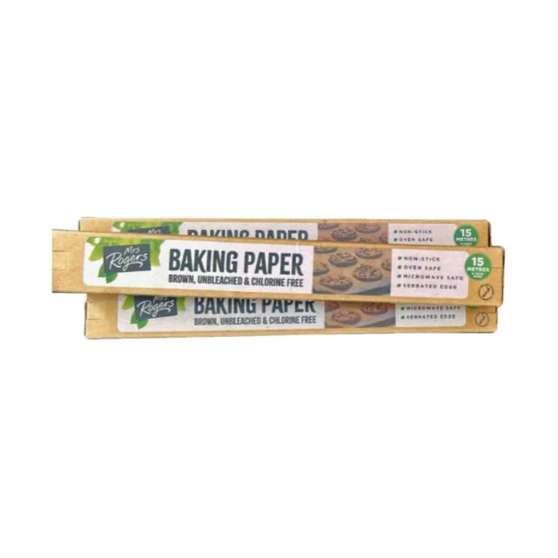 Three rolls of Mrs Rogers Brown Baking Paper shown on a white background.