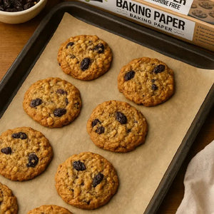 Cookies with raisins on a baking tray with a box of Mrs Rogers brown baking paper in the background.