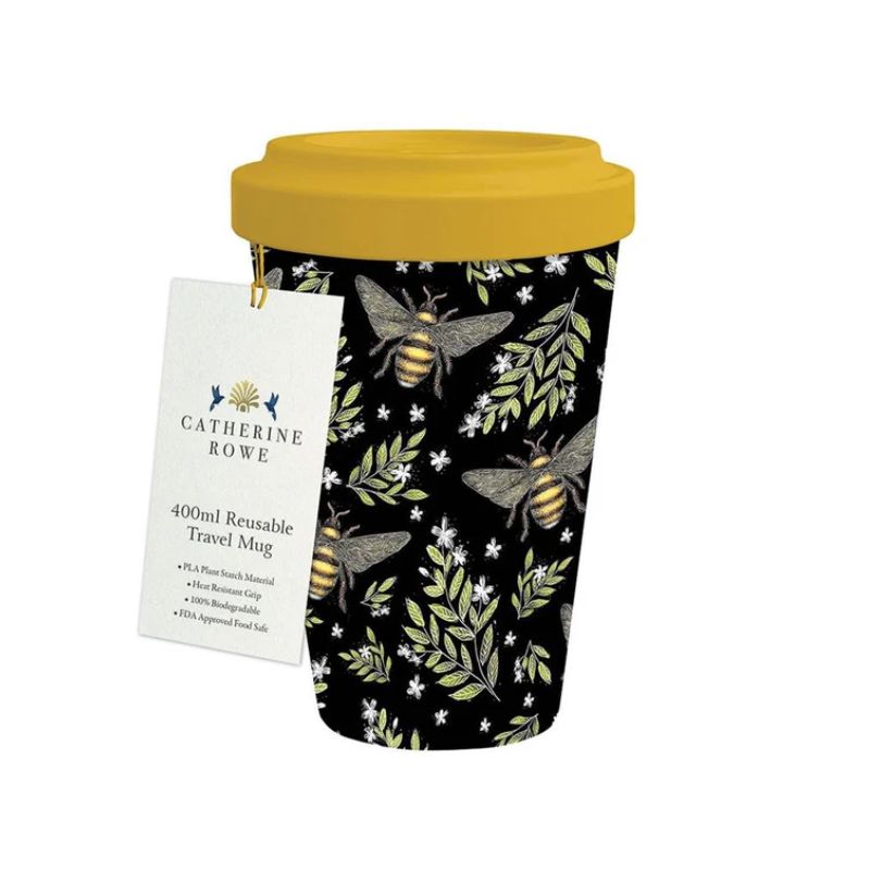 Museums & Galleries PLA Travel Mug – Bee Pattern on a white background.