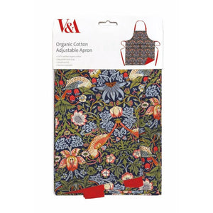 Packaged organic cotton adjustable apron with floral design and V&A branding.