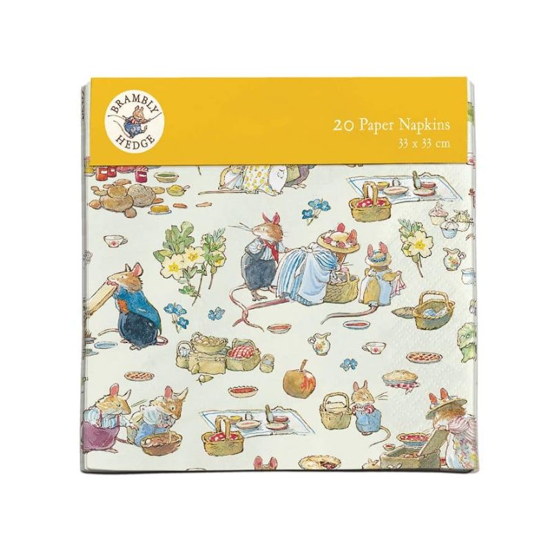 Pack of paper napkins with illustrations of characters from Brambly Hedge on a white background.