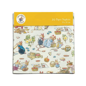 Pack of paper napkins with illustrations of characters from Brambly Hedge on a white background.