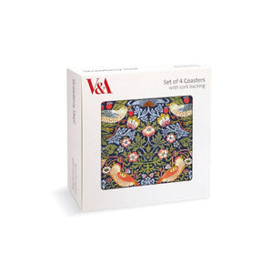 Box of Museum & Galleries V&A set of 4 coasters in the William Morris Strawberry Thief design.