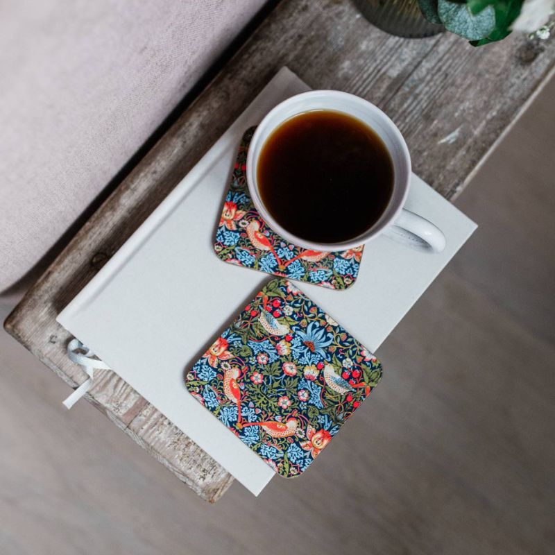 Box of Museum & Galleries V&A set of 4 coasters in the William Morris Strawberry Thief design.
