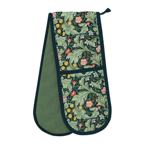 Floral patterned double oven mitt with green Leicester Wallpaper print.