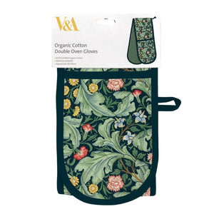 Floral patterned oven gloves with V&A branding on a white background.