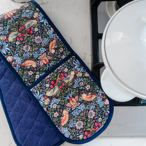 Double oven glove with William Morris Strawberry Thief design organic cotton fabric next to cook top.