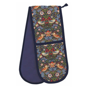 Double oven mitt with William Morris Strawberry Thief floral and bird pattern on a white background.
