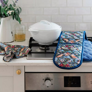 Kitchen scene with Museums & Galleries Strawberry Thief double oven glove and tea towel.