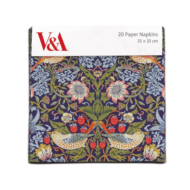 Pack of 20 paper napkins with the William Morris Strawberry Thief floral and bird design, featuring V&A branding.