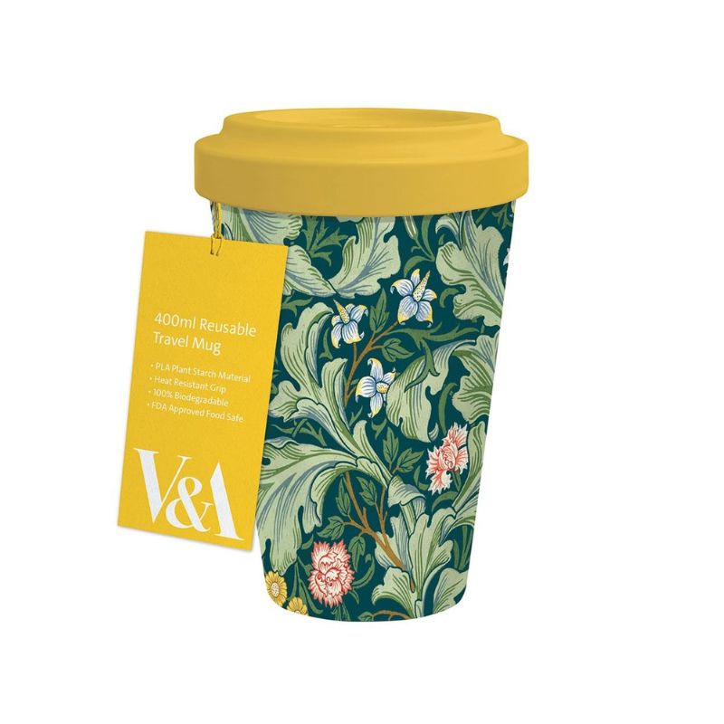 Green floral print reusable travel mug with yellow lid and V&A swing tag.