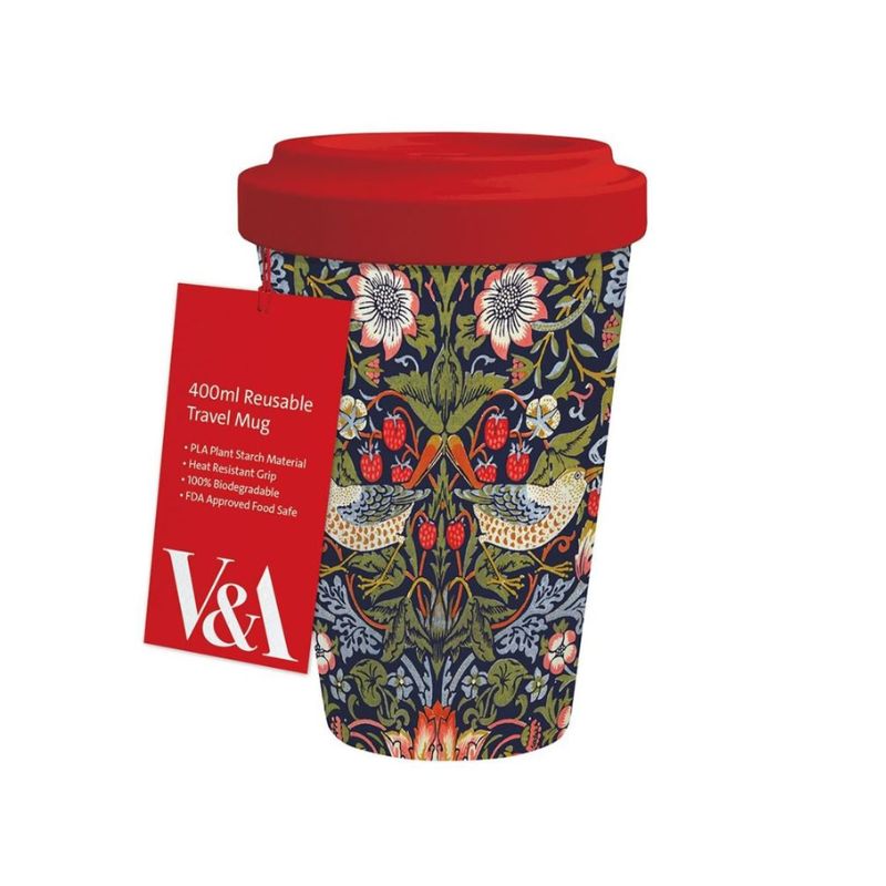 Reusable travel mug with bird and floral Strawberry Thief print and red lid, with V&A swing tag.