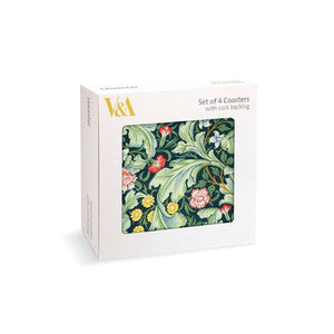Box of Museums & Galleries V&A coasters in Leicester Wallpaper design.