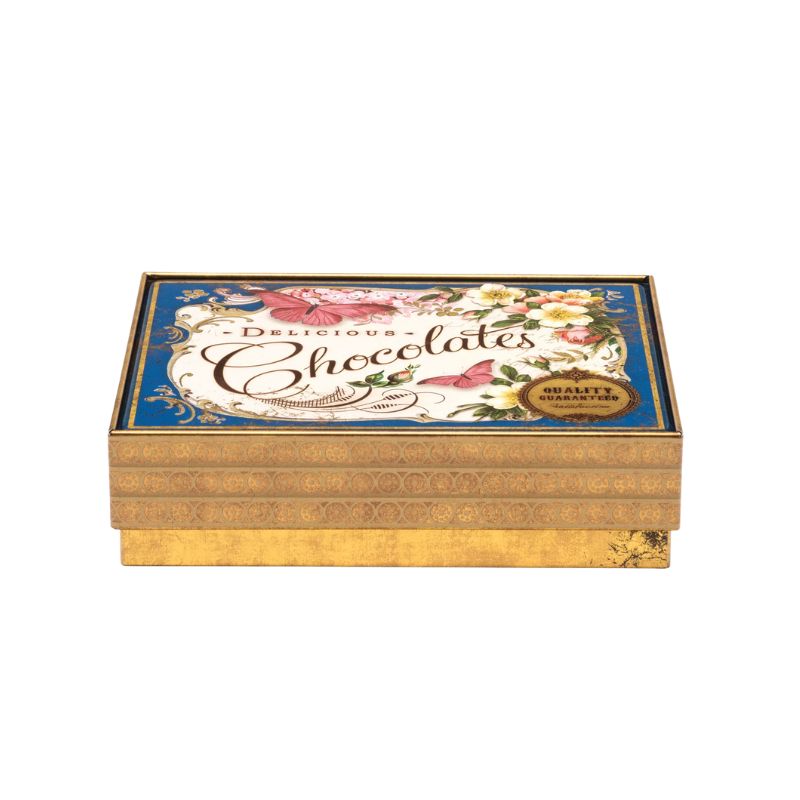 Decorative chocolate box with floral design and 'Delicious Chocolates' text on a white background – Nostalgia Large Chocolate Tin in blue.